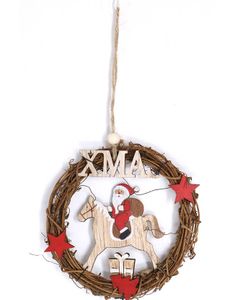 Julekrans i Treverk med Nisse på Hest Xmas