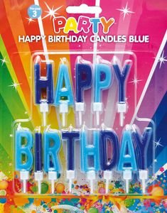 Happy Birthday Kagelys med Blå Bogstaver 6 cm