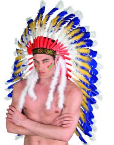 Deluxe Indianer Hovedpragt med STORE Fjer og Mønstret Bånd