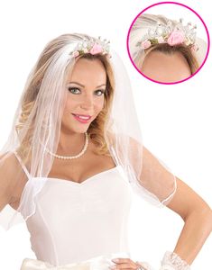 Blomstret Tiara med Hvidt Slør