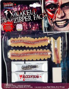 Zipper Face - Sett med Blodig Glidelås Deler, Blod, Svamp og Teaterlim