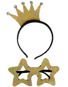 Sæt med Hårbøjle med Guldfarvet Krone og Stjernebriller