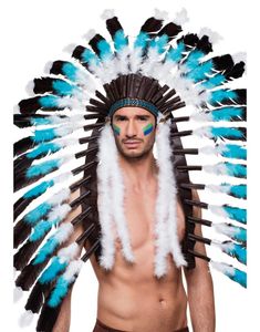 Deluxe Indianerhøvding Hovedbeklædning med STORE Fjer og Mønstret Bånd