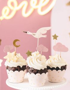 7 stk Kaketoppere Formet som Skyer, Stjerner og Stork 11-12 cm