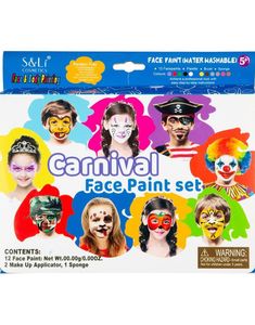 Karneval - Ansiktsmaling Sett med 12 Farger, Sminkebørste og Svampe