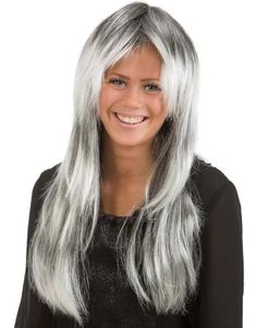Lang Sort og Grå Paryk med Midterskilning