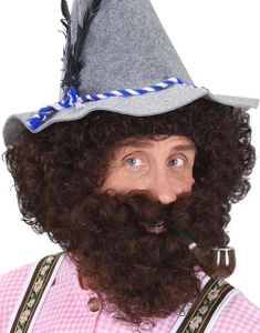 Krøllet Paryk, Overskæg og Skæg - Brun