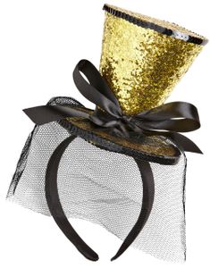 Glitrende Guldfarvet Mini Top Hat med Sløjfe og Slør