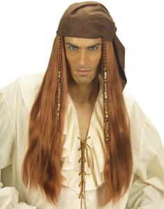 Lang Brun Piratparyk med Fletninger, Perler og Hovedpragt