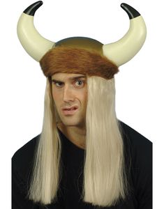 Guldfarvet Vikingehjelm med Imiteret Pels, Horn og Blondt Hår