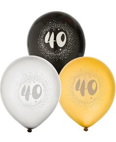 40 år - 6 stk Sorte, Sølv- og Guldfarvet Balloner 30 cm