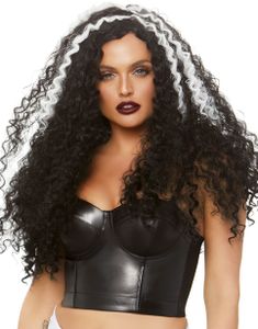 Sort Fyldig Paryk med Krøller og Hvide Striber
