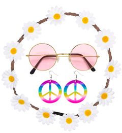 Hippiesæt med Blomsterkrans, Briller og Øreringe
