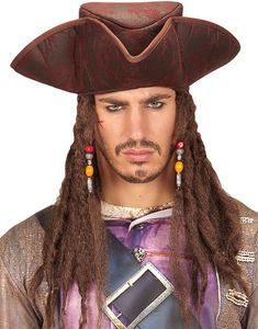 Brun Tricorn Pirathat med Dreads og Perler