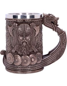 Stort Luksuriøst Krus med Bronzefarvet Vikingmotiv 15 cm