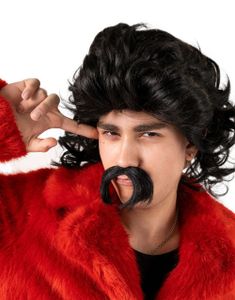 Lang Mørk Svart Parykk med Bart