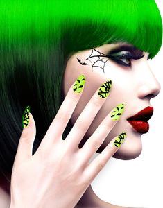 12 stk Neongrønne Kunstige Negle med Sorte Flagermus