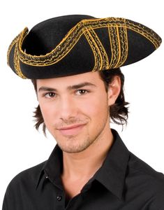 Sort Tricorn Pirathat med Guldfarvet Kant og Border