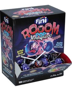 100 stk Fini Booom Pop Vampire - Meget Sure Slikkepinde Med Tyggegummikerne 1,6 kg - Hel Æske