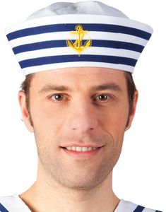 Hvid Matroshat med Blå Striber og Guldfarvet Anker