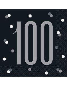 16 stk 100 Års Svarte Bursdagsservietter 33x33 cm