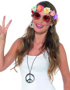 Hippie kostumesæt med Briller, Krans og Smykker