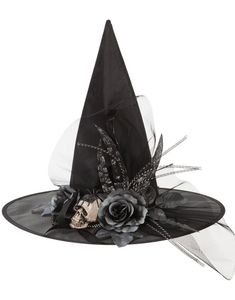 Svart Heksehatt med Blomster, Slør og Hodeskalle