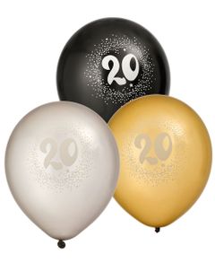 20 år - 6 stk Sorte, Sølv- og Guldfarvet Balloner 30 cm