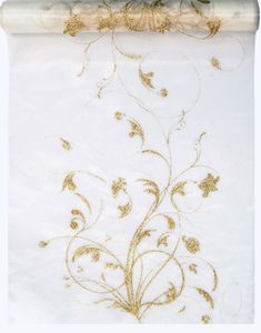 Cremehvid Organzaløber med Guldfarvede Glittermotiver 36 cm x 9 meter