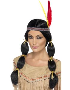 Sort Indianerparyk med Pandebånd og Fjer