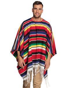 Farverig Mexicaner Poncho med Frynser