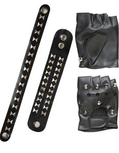 Skind-Imiterede Handsker, Choker og Armbånd med Nitter