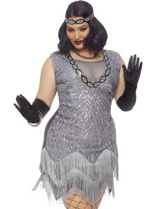 Sølvfarvet Flapperkostume med Pandebånd