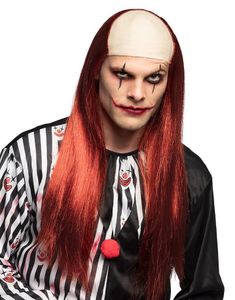 Killer Clown - Lang Rød Parykk med Skallet Panne