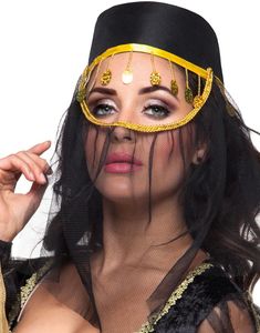 Sort Haremhat Pyntet med Slør, Guldfarvet Glitter og Bånd