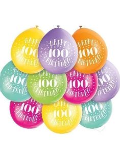 Happy 100th Birthday - 10 stk Multifarvede Balloner 23 cm