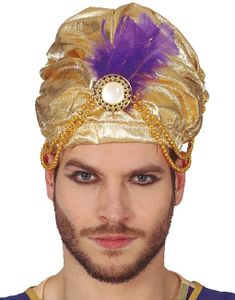 Gullfarget Turban med Perler og Fjær