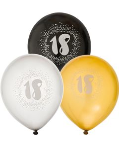 18 år - 6 stk Sorte, Sølv- og Guldfarvet Balloner 30 cm