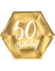 6 stk Guldfarvet Sekskantet 50th fødselsdagstallerkener 20 cm