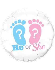 He or She - Rund Hvit Folieballong med Føtter ca 46 cm - Gender Reveal