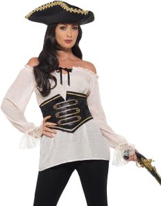 Cremehvid Piratbluse og Mavebælte til Dame