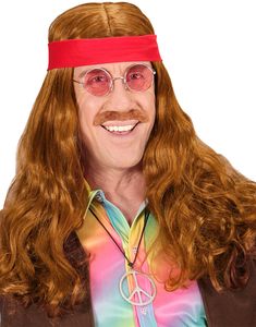 Brun Hippieparyk til Mand med Hårbånd og Skæg