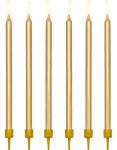 12 stk Guldfarvet Lange Kagelys med Spyd 13 cm