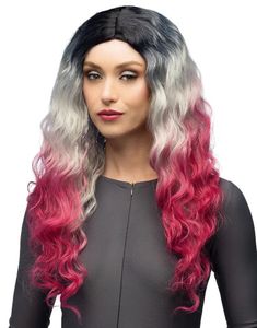 Komiko - Bølgete Svart, Grå og Rosa Ombre Parykk